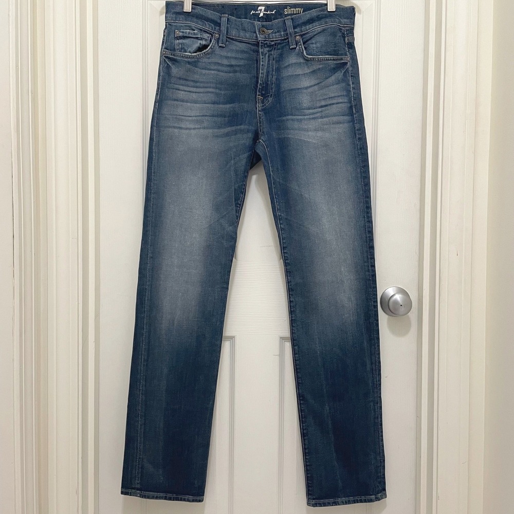 7‎ For All Mankind Slimmy Jeans Blue Dark Wash Faded 32 X 33 Slim Fit USA Made